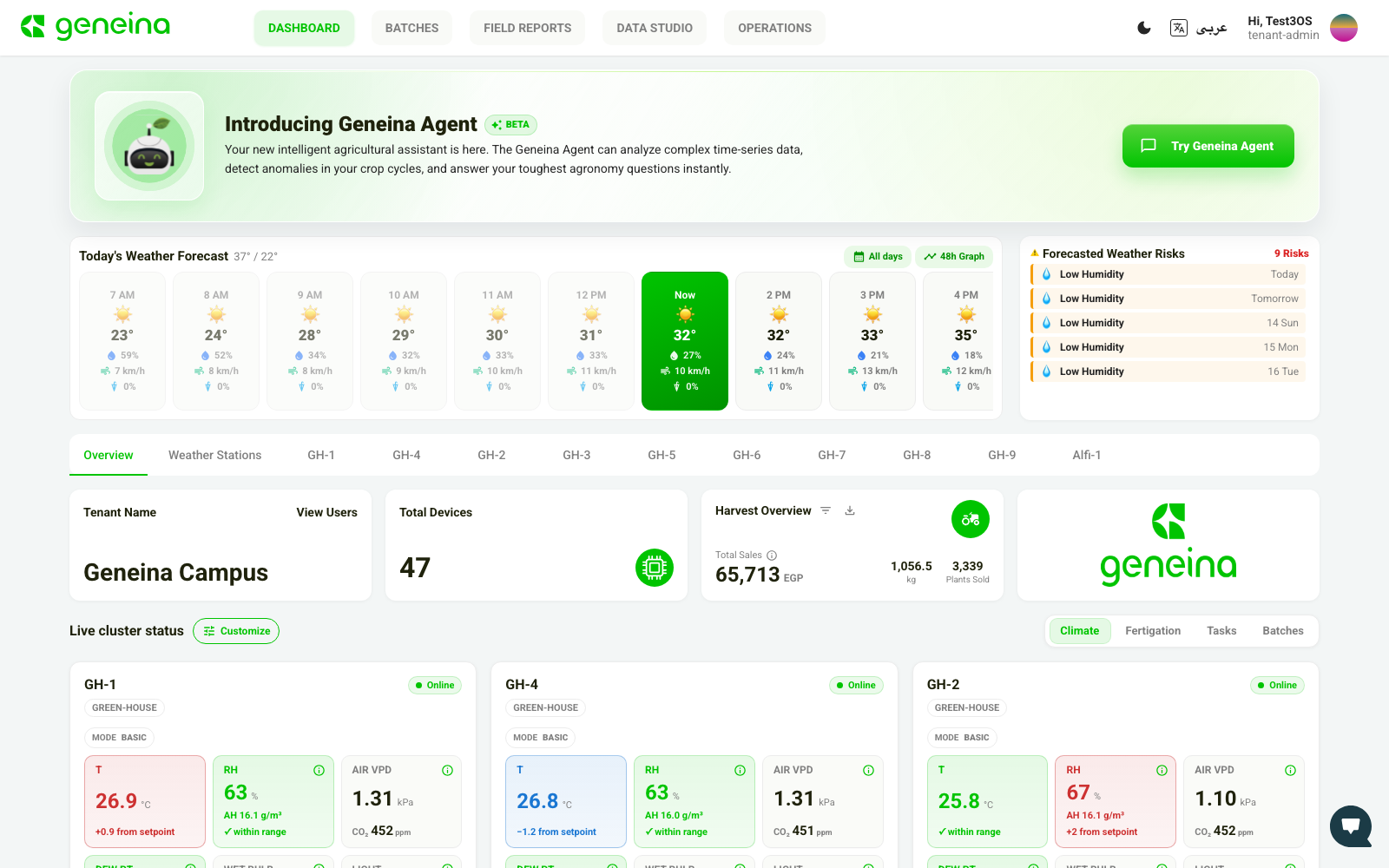 GeneinaOS dashboard with live cluster status and the Aziza AI agent