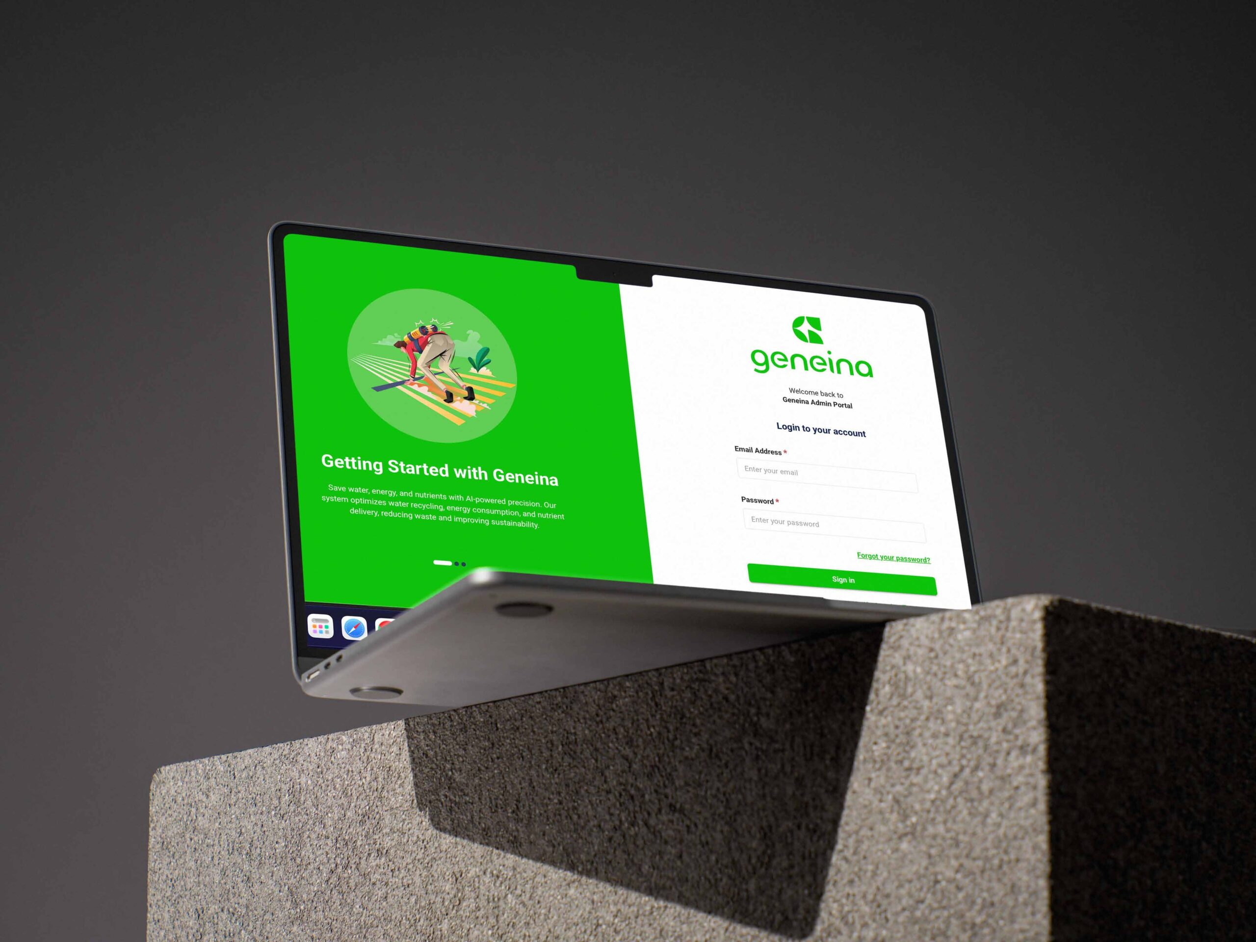 GeneinaOS login screen on a MacBook